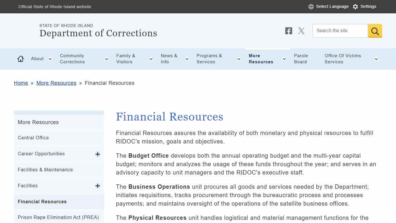 Financial Resources Department of Corrections