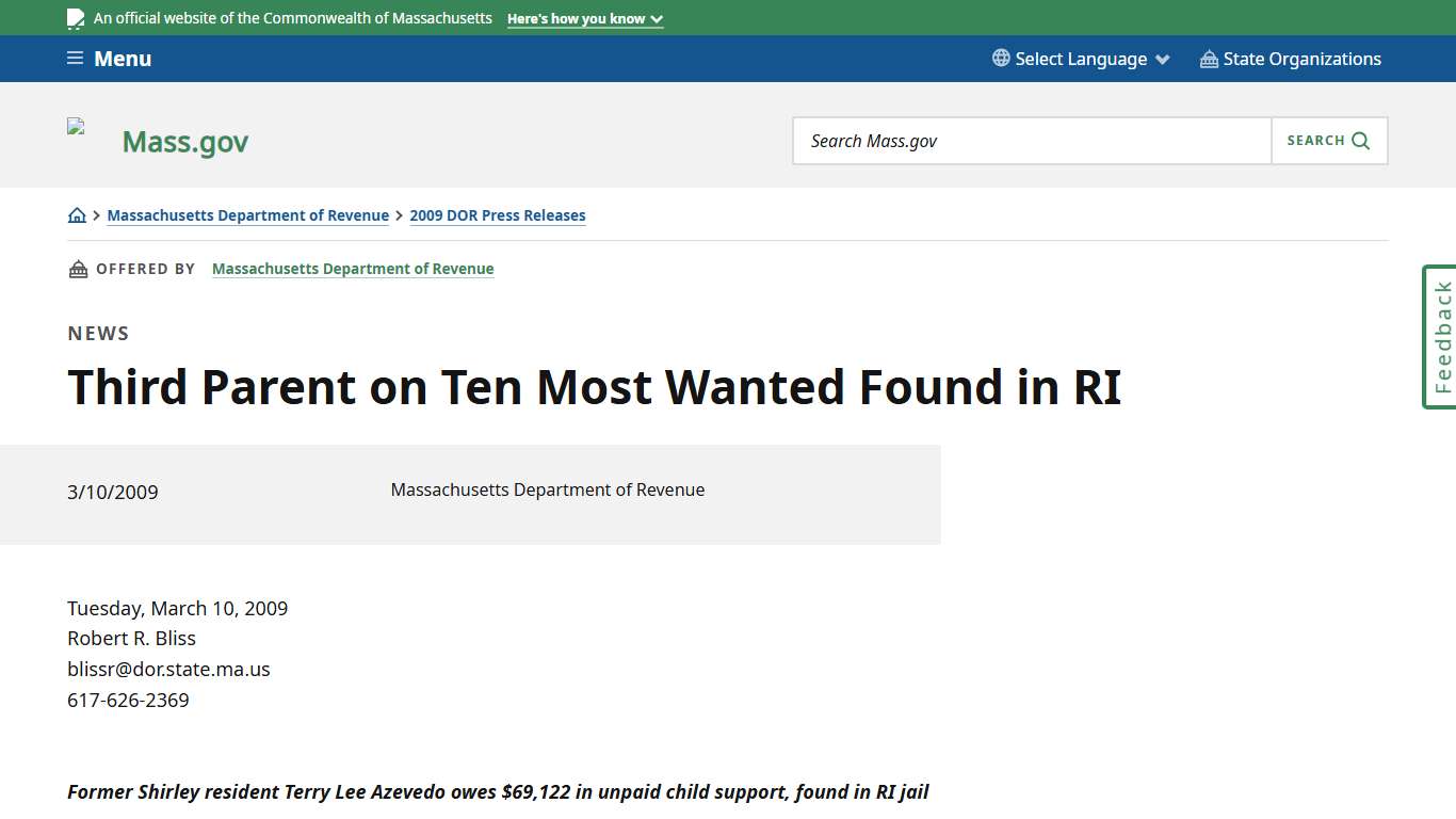 Third Parent on Ten Most Wanted Found in RI Mass.gov