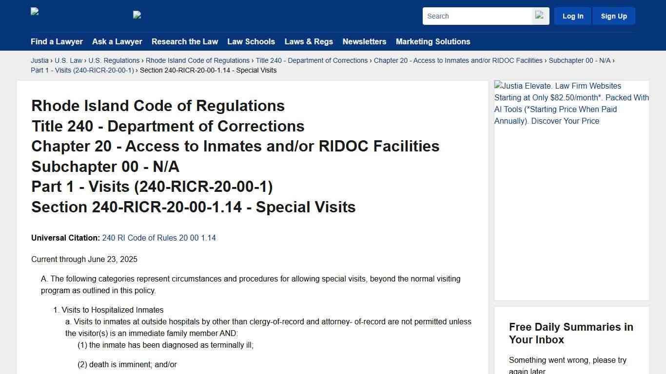 Rhode Island Code of Regulations, Part 1, Section 240-RICR-20-00-1.14 - Special Visits Rhode Island Code of Regulations Justia
